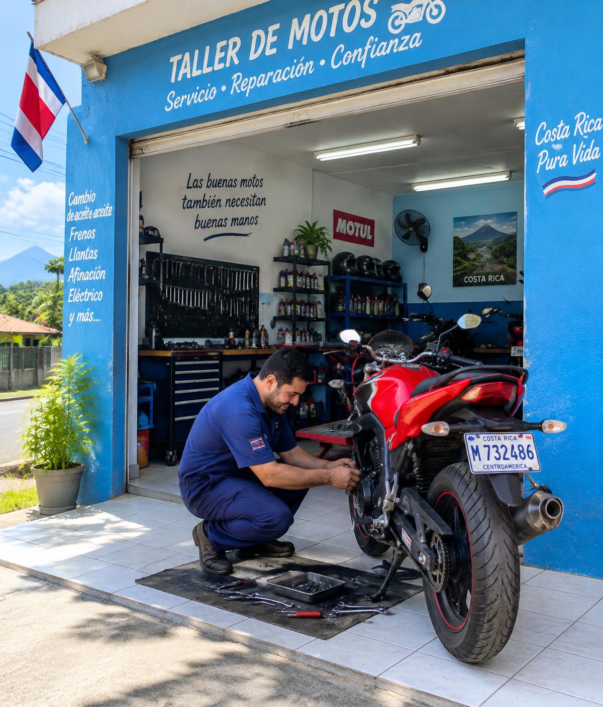 Mecánico reparando una moto en un taller de Costa Rica